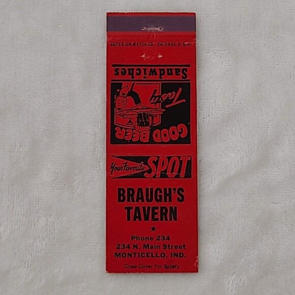 Vintage Matchbook Cover Braugh’s Tavern Monticello IN Indiana Red - Picture 4 of 5